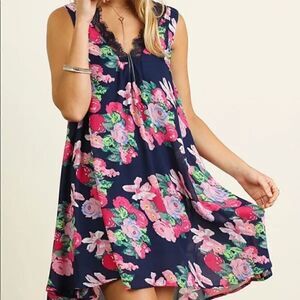 NEW In Bloom Navy & Pink Floral Lace Dress Medium